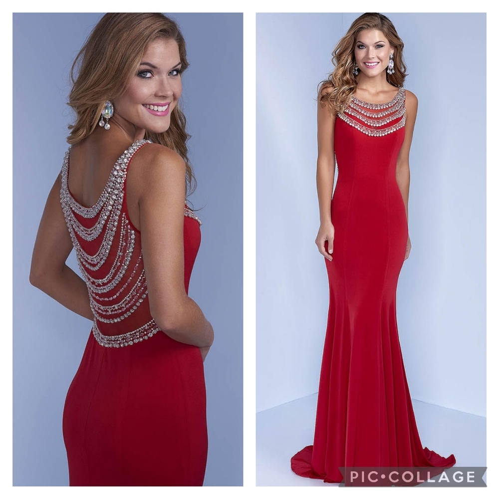 Landa Red Crystal Bodycon Jersey Stretch Sheath Evening Gown Size 2